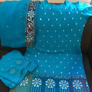 Georgette light blue sequence embroidered three piece Salwar set